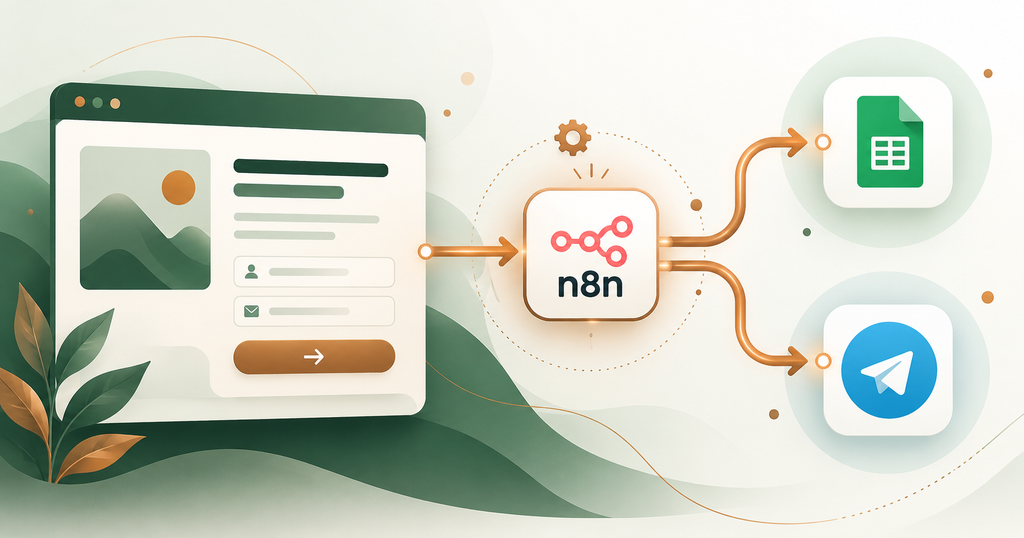Landing page menuju ikon n8n, Google Sheets, dan Telegram